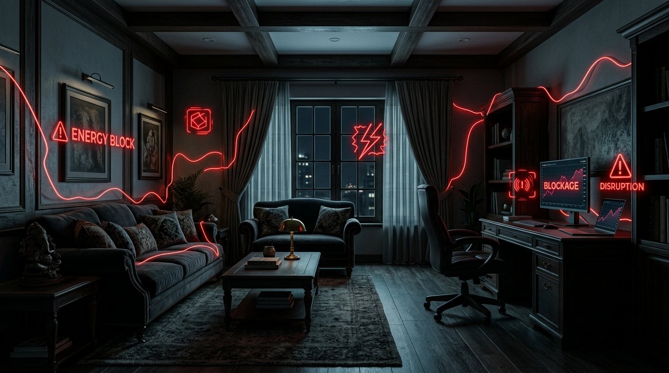 Vastu Energy Before: Gloomy Lighting and Red Tension Lines